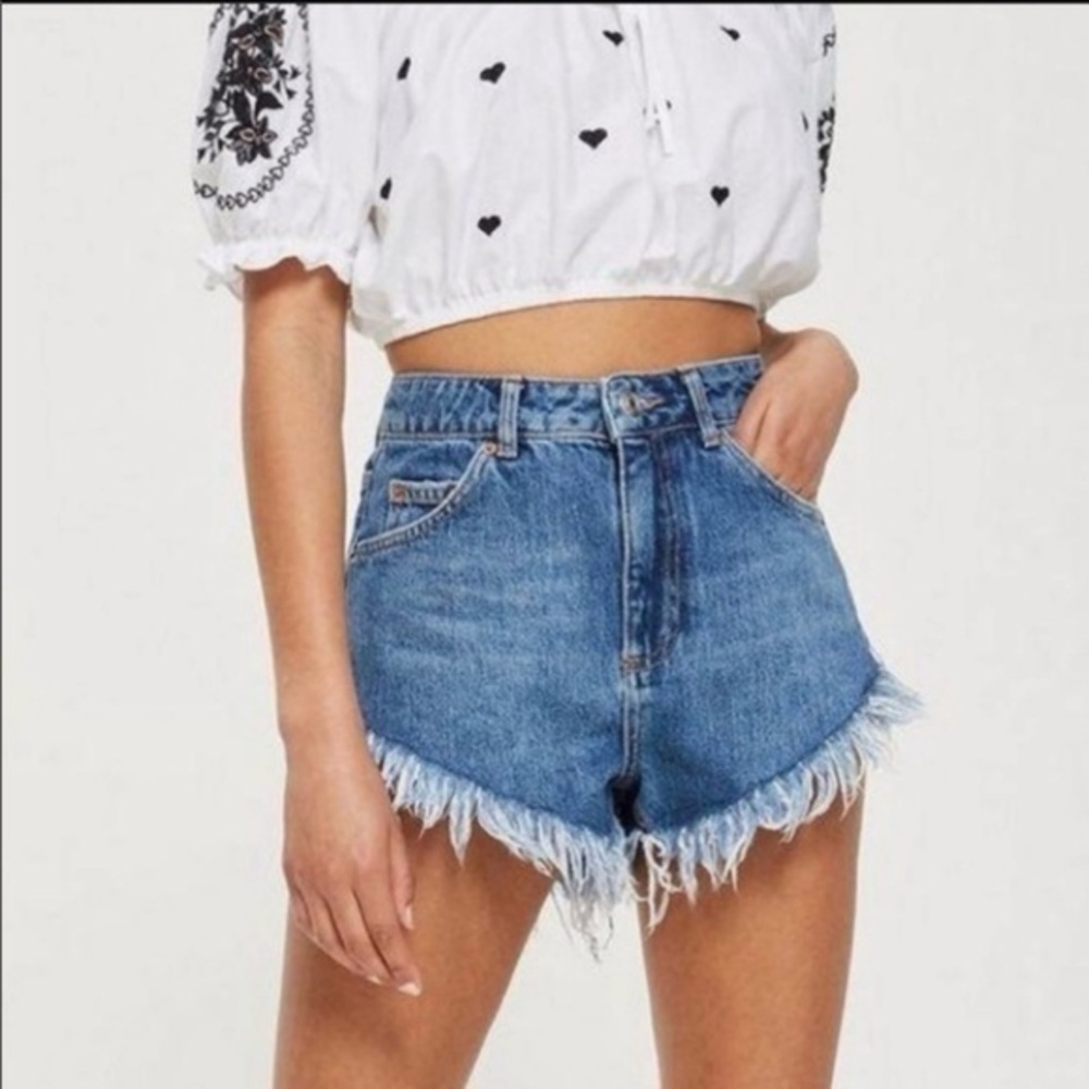 Topshop Moto Kiri Denim Shorts Cheeky Blue High Waist Fray Hem 8 Festival